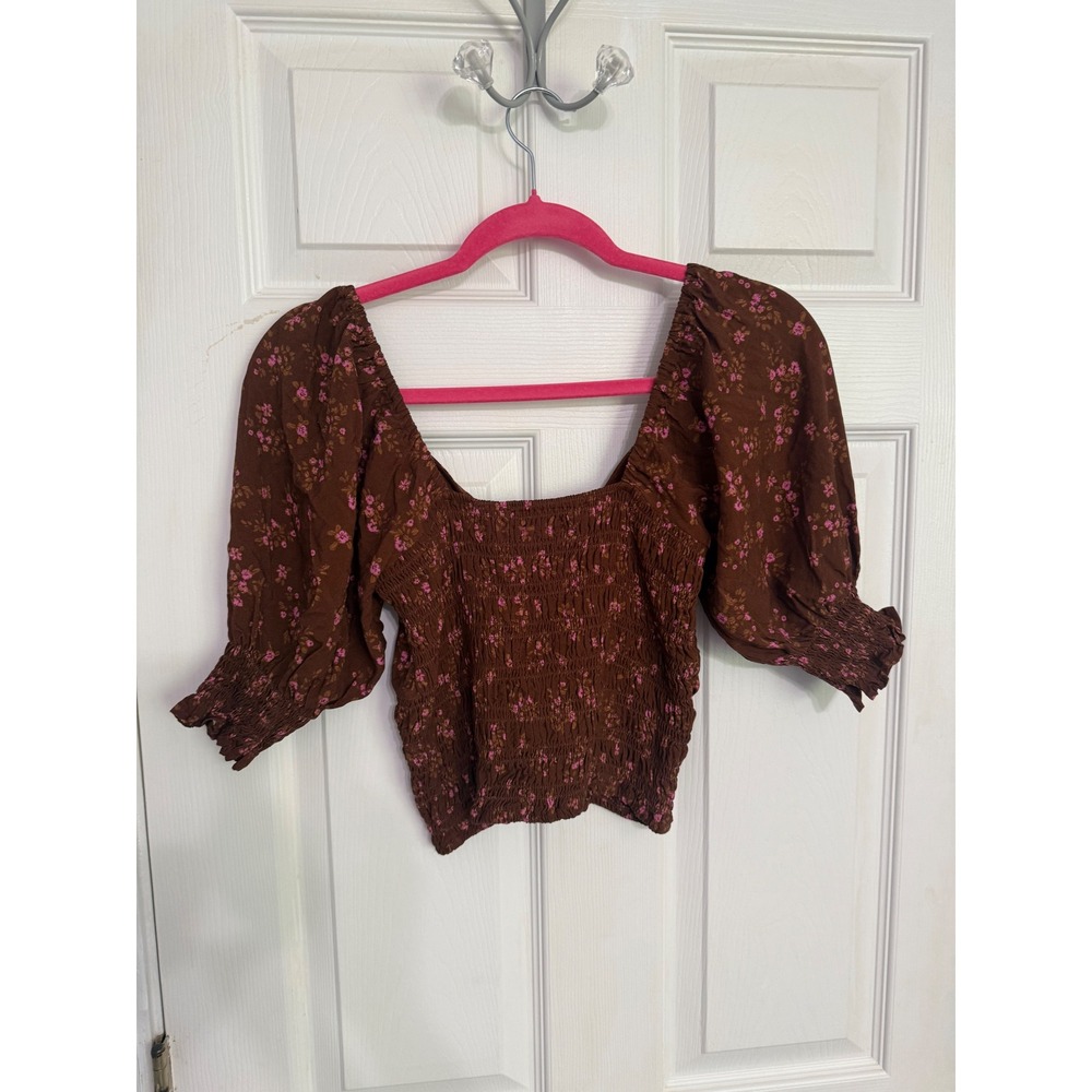 Saltwater Luxe Brown Pink Floral Smocked Puff Sleeve Crop Top Tie Front Medium - Picture 5 of 9